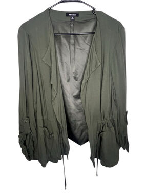 Torrid Olive Green Open Front Ruffle Hem Jacket With Drawstring Waist